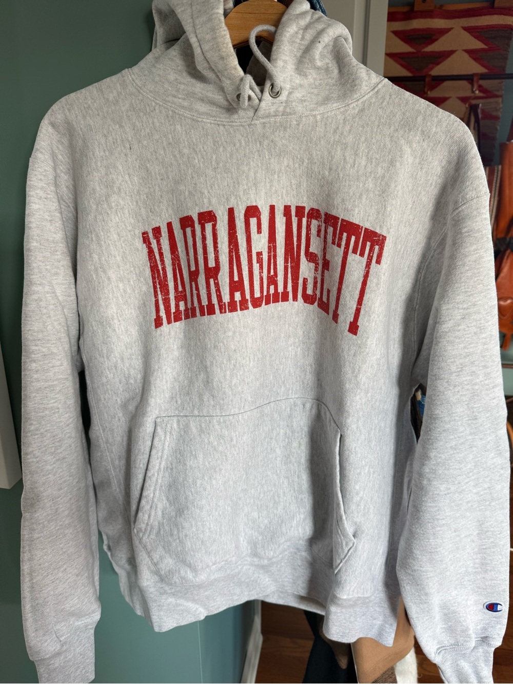 Champion Light Gray Hooded Sweatshirt with Red "Narragansett" Print